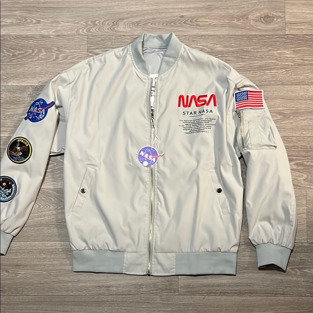 Gray Bomber Jacket with NASA Logo and Ribbed Cuffs